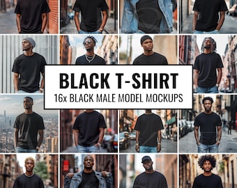 May include: A collection of 16 black t-shirt mockups featuring male models in various poses and settings. The models are wearing plain black t-shirts, providing a blank canvas for design ideas.