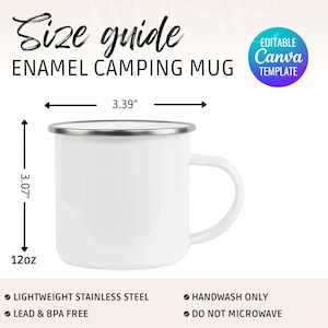 Tabla de tallas de tazas de camping esmaltadas Plantilla Canva Guía de tallas de tazas de camping Características de las tazas esmaltadas Maqueta de taza de Printify Maqueta de taza de café esmaltada de 12 oz