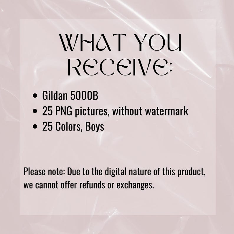 May include: Text that reads "WHAT YOU RECEIVE:" followed by a bulleted list: Gildan 5000B, 25 PNG pictures, without watermark, 25 Colors, Boys. Below the list is text that reads "Please note: Due to the digital nature of this product, we cannot offer refunds or exchanges."