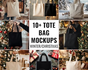 10 Christmas Tote Bag Mockup Bundle Winter Black Tote Mockup Natural Canvas Bag Mockups Eco Friendly Tote Bag Holidays Mockup Bundle XMas