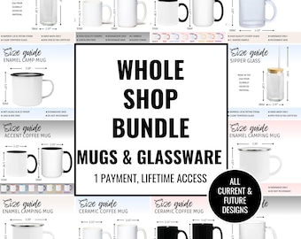 Tabla de tallas de toda la tienda Paquete de tazas y cristalería Guía de tallas de plantillas de Canva Taza de vidrio transparente Taza de campamento esmaltada Características Tamaño del vaso con boquilla de Printify