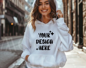 Gildan 18500 Mockup White Hooded Sweatshirt Mockup Boho Shirt Gildan Hoodie Mockup White Mockup Gildan 18500 Hoodie White Lifestyle Mockup