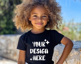 Kids Black Tshirt Mockup Boho Shirt Mockup Afro American Girl Black Shirt Mockup Childrens Bella Canvas Youth 3001Y 3001T Black Girl Model