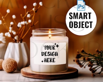 Soy Candle Mockup PSD Smart Object Boho Candle 9oz Lifestyle Mockup Scented Candle Smart Object Candle Mockup White Candle Label Mockup POD