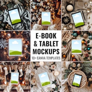 May include: A collection of 10+ Canva templates for e-book and tablet mockups. The mockups feature various wintery scenes with tablets and e-books displayed in different settings, including a Christmas tree, a fireplace, and a cozy blanket.