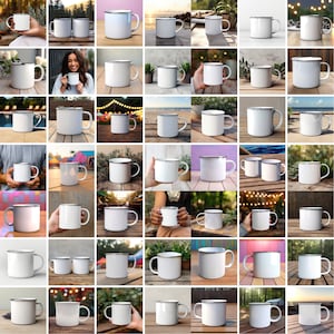 Könnte beinhalten: Eine Sammlung weißer Emaille-Tassen mit silbernem Rand und Henkel. Die Tassen werden in verschiedenen Umgebungen, drinnen und draußen, mit unterschiedlichen Hintergründen präsentiert. Die Tassen werden in verschiedenen Größen und Mengen gezeigt.