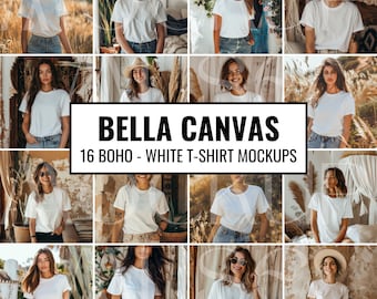 Puede incluir: Una colección de 16 maquetas de camisetas blancas con diferentes modelos en un entorno boho. Las maquetas muestran diferentes poses y ángulos, ofreciendo una opción versátil para mostrar diseños.