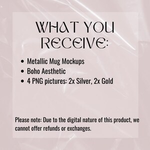 May include: A digital download of four PNG images featuring metallic mug mockups in a boho aesthetic. The images include two silver and two gold mugs.