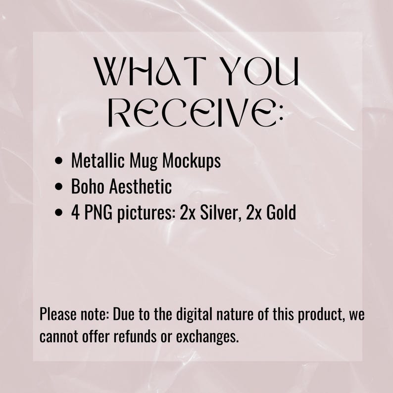 May include: A digital download of four PNG images featuring metallic mug mockups in a boho aesthetic. The images include two silver and two gold mugs.