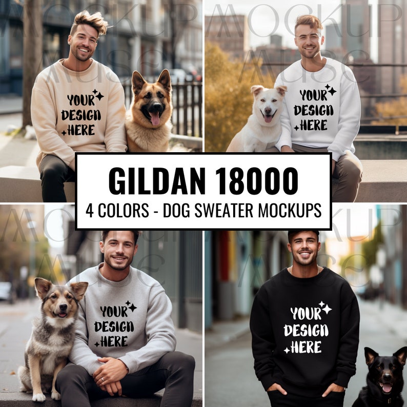 Op de afbeelding: Vier foto's van een man die een Gildan 18000 sweatshirt draagt in vier verschillende kleuren: beige, grijs, zwart en wit. Elke foto toont de man met een hond. Het sweatshirt heeft de tekst "YOUR DESIGN +HERE" op de voorkant.