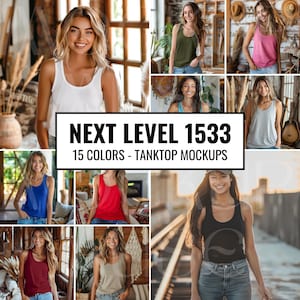 Op de afbeelding: Een verzameling van 15 tanktops in verschillende kleuren, gemodelleerd door vrouwen in verschillende omgevingen. De tanktops zijn mouwloos en hebben een ronde hals. De tekst "NEXT LEVEL 1533 15 COLORS - TANKTOP MOCKUPS" wordt weergegeven op de afbeelding.