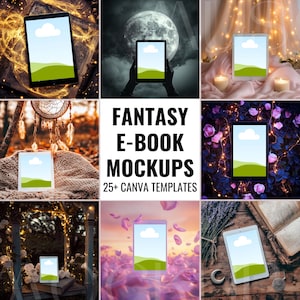 Zestaw makiet ebooków fantasy Tablety Urządzenie makiet iPad Szablony Bookstagram Kindle Szablon Canva Duchowy tablet Płaskie okładki książek makiet