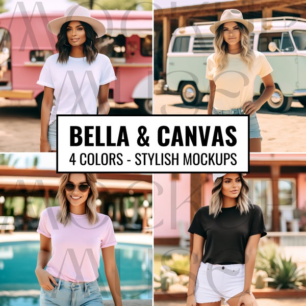 Bella Canvas 3001 Mockup Fashion Model Bundle Tshirt Pink Girl Mockup Shirt Black White Soft Cream Lifestyle Mockup Bundle T-Shirt Y2K Style