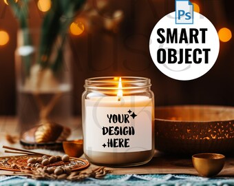Soy Candle Mockup PSD Smart Object Boho Candle 9oz Lifestyle Mockup Scented Candle Smart Object Candle Mockup White Candle Label Mockup POD