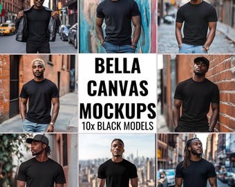May include: Ten black t-shirt mockups featuring different models in various urban settings. The text "Bella Canvas Mockups 10x Black Models" is displayed in the center of the image.