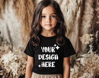 Kids Black Tshirt Mockup Boho Shirt Mockup Bundle Black Tee Girl Toddler Mockup Child Bundle Bella Canvas Youth 3001Y 3001T Cute Girl Mockup