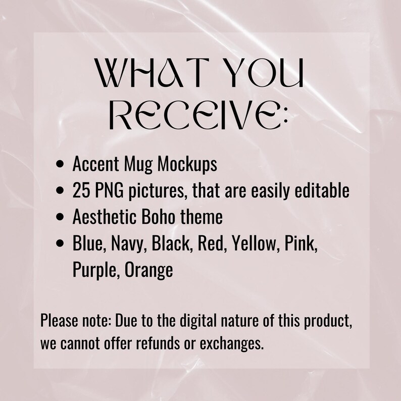 K&ouml;nnte beinhalten: Ein Bild eines digitalen Produkts mit dem Text "WHAT YOU RECEIVE:" gefolgt von einer Liste von Merkmalen: Accent Mug Mockups, 25 PNG-Bilder, &Auml;sthetisches Boho-Thema und eine Farbpalette mit Blau, Marine, Schwarz, Rot, Gelb, Pink, Lila und Orange.