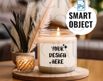 Soy Candle Mockup PSD Smart Object Boho Candle 9oz Lifestyle Mockup Scented Candle Smart Object Candle Mockup White Candle Label Mockup POD