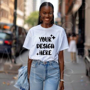 African American White Tshirt Mockup Bella Canvas 3001 Black Girl Shirt Mockup Female Tshirt Mock Baby Tee Black Woman Urban Shirt Mockup