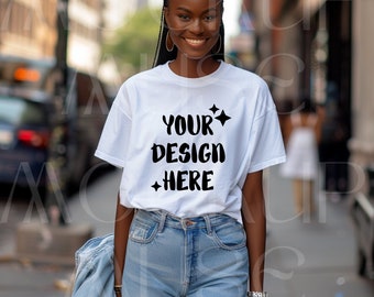 African American White Tshirt Mockup Bella Canvas 3001 Black Girl Shirt Mockup Female Tshirt Mock Baby Tee Black Woman Urban Shirt Mockup
