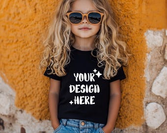 Kids Black Tshirt Mockup Boho Shirt Mockup Bundle Black Tee Girl Toddler Mockup Child Bundle Bella Canvas Youth 3001Y 3001T Cute Girl Mockup