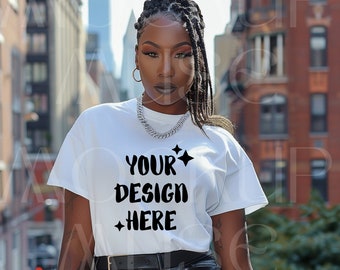 African American White Tshirt Mockup Bella Canvas 3001 Black Woman Shirt Mockup Female Tshirt Afro Model White Tee Mockup Boho Urban Mockup