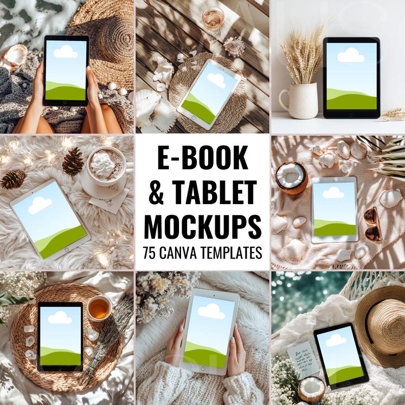 May include: A collection of 75 Canva templates for creating e-book and tablet mockups. The mockups feature various backgrounds, including a beach scene, a wooden table, and a white fluffy rug. The tablets and e-books are displayed in different positions and angles, showcasing their design and functionality.