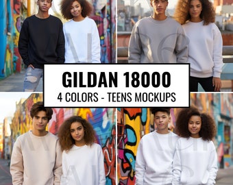 Puede incluir: Dos adolescentes con sudaderas con cuello redondo Gildan 18000 en cuatro colores: negro, gris, beige y blanco. Los adolescentes están de pie frente a una pared con grafitis coloridos.