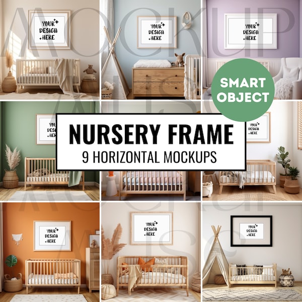 Nursery Wall Art Mockup Bundle Horizontal Frame Mockup Baby Room Mockup Bundle Kids Art Mockup Boho Frame Nursery Art Smart Object PSD PNG