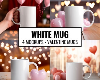 Puede incluir: Cuatro maquetas de una taza de cerámica blanca con asa. Las tazas están rodeadas de globos en forma de corazón rosa y luces. El texto "WHITE MUG 4 MOCKUPS - VALENTINE MUGS" se muestra en el centro de la imagen.