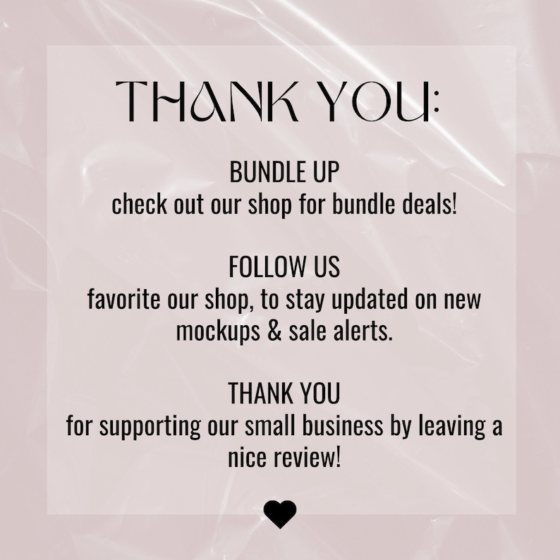 Puede incluir: Un mensaje de agradecimiento con un gr&aacute;fico de coraz&oacute;n negro. El texto dice: "GRACIAS: PAQUETE &Uacute;NETE echa un vistazo a nuestra tienda para ofertas de paquetes! S&Iacute;GUENOS agrega nuestra tienda a tus favoritos para mantenerte actualizado sobre nuevas maquetas y alertas de venta. GRACIAS por apoyar nuestro peque&ntilde;o negocio dejando una buena rese&ntilde;a!"