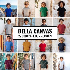 May include: A collection of children's t-shirt mockups in a variety of colours. The shirts are modelled by young people against a background of stone walls and a beach scene. The text "Bella Canvas 22 Colors - Kids - Mockups" is displayed in the centre of the image.