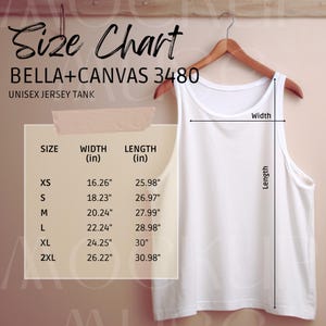 Bella Canvas 3480 Größentabelle Mockup BC3480 Größentabelle Tank On Hanger Simple Aesthetic Size Guide Unisex Jersey Tank Top Flat Lay Bella 3480