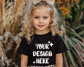 Kids Black Tshirt Mockup Boho Shirt Mockup Bundle Black Tee Girl Toddler Mockup Child Bundle Bella Canvas Youth 3001Y 3001T Cute Girl Mockup
