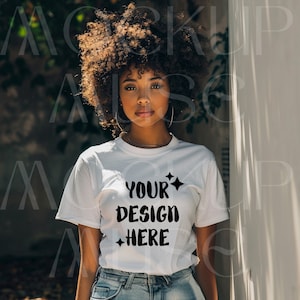 African American White Tshirt Mockup Bella Canvas 3001 Black Girl Shirt Mockup Model Tshirt Mockup Afro White Tee Boho Mockup Streetwear