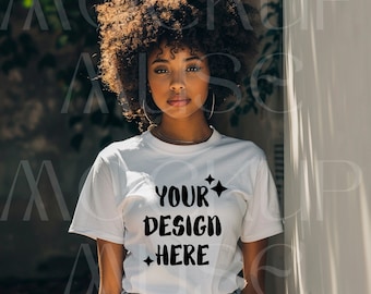 African American White Tshirt Mockup Bella Canvas 3001 Black Girl Shirt Mockup Model Tshirt Mockup Afro White Tee Boho Mockup Streetwear