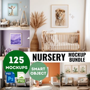 Op de afbeelding: Een kinderkamer mockup-bundel met 125 verschillende scènes met babybedjes, schommelstoelen en wanddecoratie. De scènes zijn ontworpen in verschillende stijlen, waaronder modern, boho en traditioneel. De bundel bevat PSD- en PNG-bestanden, en alle elementen zijn slimme objecten, waardoor de ontwerpen gemakkelijk aan te passen zijn.
