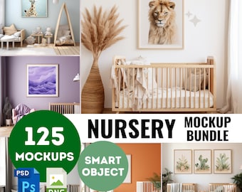Nursery Frame Mockup Bundle 125 Baby Room Mockup Bundle Nursery Wall Art Cute Kids Room Mockup Wood Frame Boho Smart Object Mockup PSD PNG