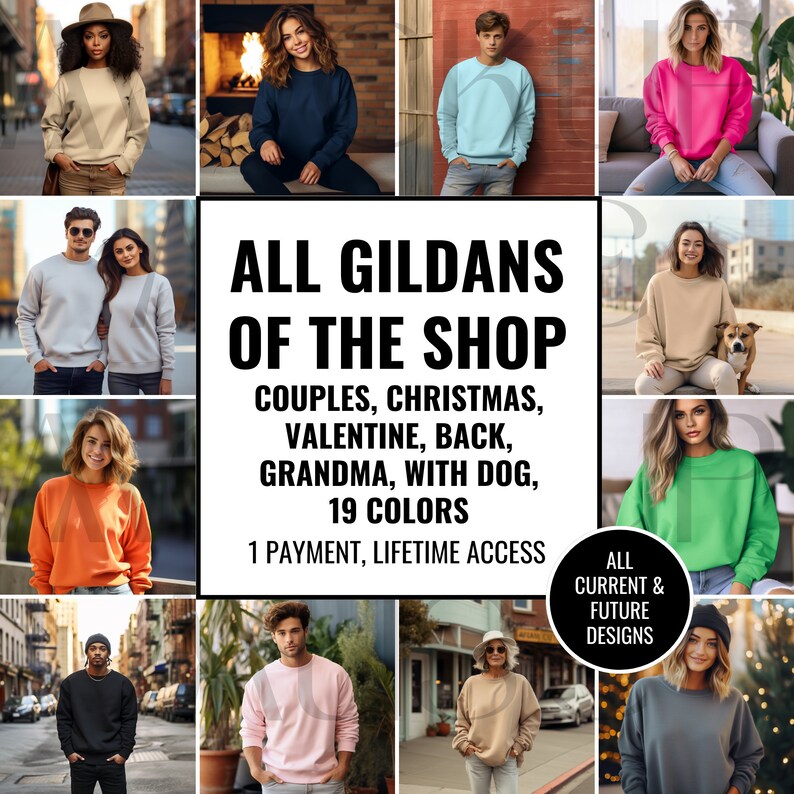 Puede incluir: Un collage de im&aacute;genes que muestran varias sudaderas Gildan en diferentes colores y estilos. El texto "ALL GILDANS OF THE SHOP" se muestra en negrita, junto con una lista de temas de dise&ntilde;o: Parejas, Navidad, San Valent&iacute;n, Espalda, Abuela, Con perro y 19 colores. Tambi&eacute;n se incluye el texto "1 PAYMENT, LIFETIME ACCESS".