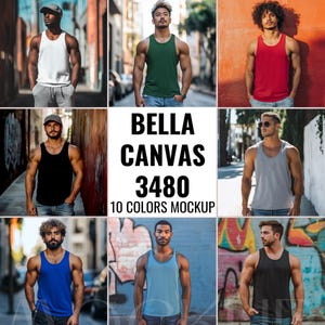 May include: Mockup of 10 different color tank tops with the text "Bella Canvas 3480 10 Colors Mockup" on a white background.