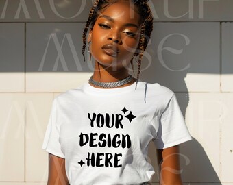 African American White Tshirt Mockup Bella Canvas 3001 Black Girl Shirt Mockup Afro Female Tshirt White Tee Mockup Urban Lifestyle