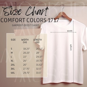 Maqueta de la tabla de tallas Comfort Colors 1717 Tabla de tallas CC1717 Camiseta unisex Tabla de tallas estética simple Camiseta teñida en prenda Camisa plana CC 1717