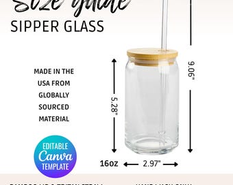 May include: A clear glass sipper with a bamboo lid and a clear drinking straw. The glass is 5.28 inches tall and 2.97 inches wide. It holds 16 ounces. The glass is made in the USA from globally sourced material. The lid and straw are BPA free and FDA certified. Hand wash only.