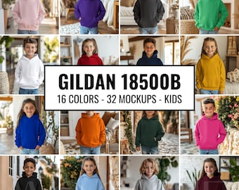Kids Hoodie Mockup Bundle Hooded Sweatshirt Little Boys Mockup Child Gildan 18500B Mockup Girls Sweatshirt Mockup Childrens Hoodie Boho