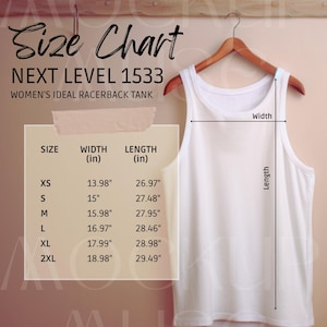 Puede incluir: Tabla de tallas para un tanque de espalda de nadador con medidas en pulgadas. La tabla muestra el tamaño, el ancho y la longitud del tanque en pulgadas. El tanque es blanco y tiene un estilo de espalda de nadador.