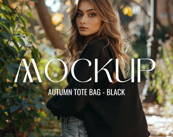 Tote Bag Mockup Autumn Canvas Bag Mockup Black Canvas Bag Flatlay Girl Totebag Mockups Autumn Boho Tote Mockup Fall Lifestyle Bag Mockup
