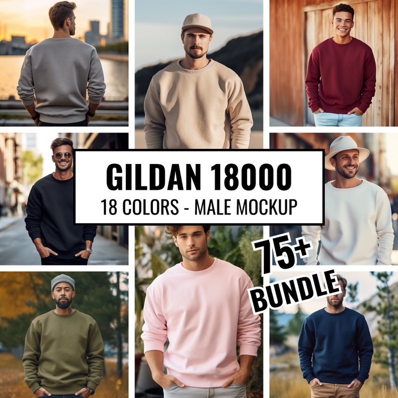 May include: A collage of photos showcasing a variety of crewneck sweatshirts in different colors. The text "GILDAN 18000 18 COLORS - MALE MOCKUP 75+ BUNDLE" is displayed in the center of the image.