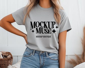 Bella Canvas 3001 Athletic Heather Shirt Mockup Bella Grey T-Shirt Mockup Model Wearing Grey Mockup Trendy Summer Fall Boho Aesthetic Tee