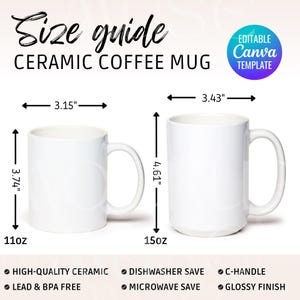 Könnte beinhalten: Zwei weiße Keramik-Kaffeetassen mit C-Henkeln. Die Tasse links ist 11 Unzen und die Tasse rechts ist 15 Unzen. Beide Tassen sind spülmaschinen- und mikrowellengeeignet.