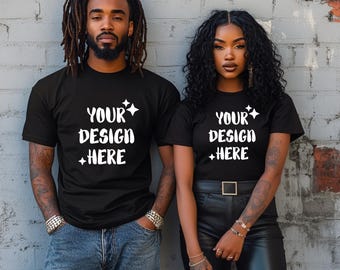 Bella canvas mockup paar zwart shirt mockup zwart T-shirt liefhebbers mockup Afro-Amerikaanse tshirt mockup 3001 zwarte modellen T-shirt mockups duo